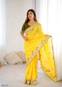 Elegant Yellow Embroidered Premium Chinon Silk Sar