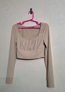 Ruched Square Neck Ribbed Long Sleeve Top