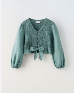 ZARA Smocked Front Cropped Blouse with Bow