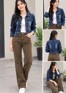 Denim Jacket with Pearls and Brown Pants