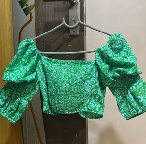 Green Floral Ruched Puff Sleeve Top