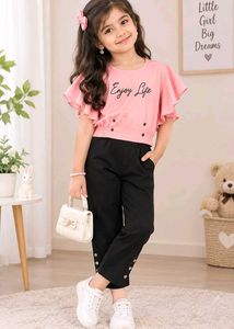 Girls Pink Top & Black Pants Set