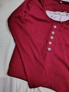 Maroon Lace Trim Henley Top