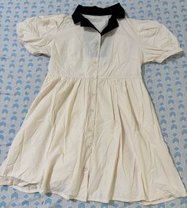 Cream Button-Up Puff Sleeve Dress