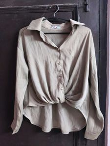 Chic Beige Button-Up Twist Front Shirt