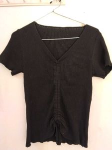 Black Ribbed Ruched V-Neck Top