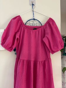 Pink Puff Sleeve Tiered Midi Dress
