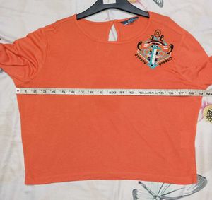Ajio Orange Long Sleeve crop Top with Embroidery