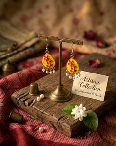 Yellow Hand-Enamel Floral Earrings with Pearls