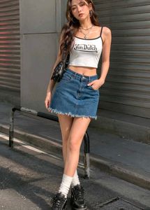 Denim Skirt with Frayed Hem