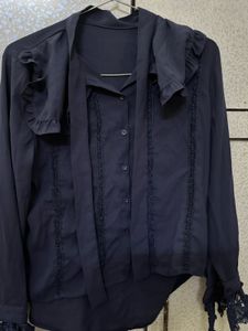 Elegant Navy Blue Lace Cuff Blouse