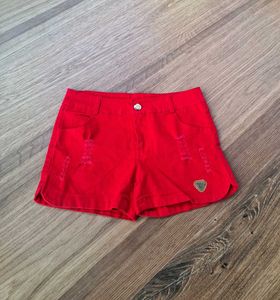 Vibrant Red Distressed Denim Shorts