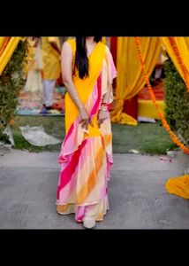 Bright Yellow & Pink Ruffle Saree