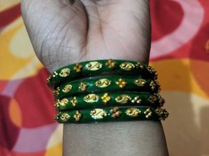 Set of 4 Green Bangles with Gold Embellishments