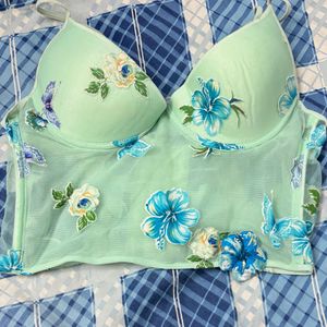 Mint Green Floral &amp; Butterfly Corset Top