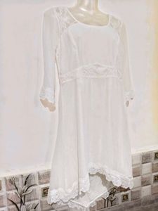Elegant White Lace Trimmed High-Low Dress