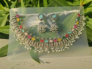 Boho Oxidized Silver Necklace &amp; Earrings