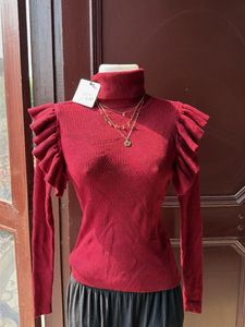 Chic Red Turtleneck Ruffle Sleeve Top