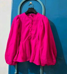 Vibrant Pink Balloon Sleeve Peplum Top