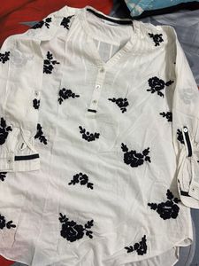 White Kurta with Black Floral Embroidery