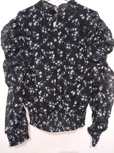 Black Color Floral Printed Top With Puffy Sleeves