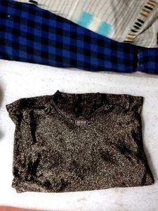 Sparkly Gold Mock Neck Top with jeans