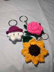 Crocheted Keychain Set - Mushroom, Rose, Sunflower