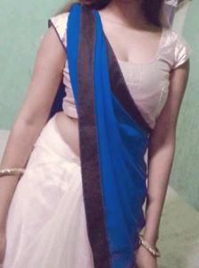 Blue And Off White Half And Half Saree With Golden Blouse