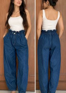 High-Waisted Paperbag Denim Pants