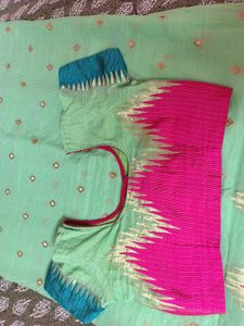 Light Green Saree with Pink &amp; Blue Blouse