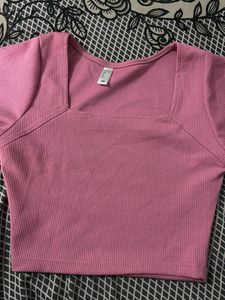 Pink Square Neck Ribbed Top &amp; Denim Skirt