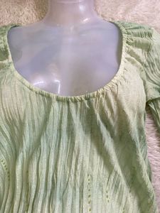 deep neck Green Textured Long Sleeve Top