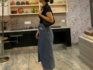 Midi Denim Skirt with Slit