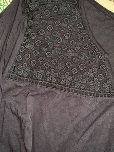 Navy Blue Lace Trim V-Neck Top