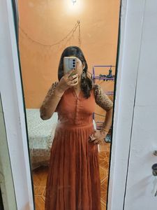 Rust Ajrakh Puff Sleeve Gown