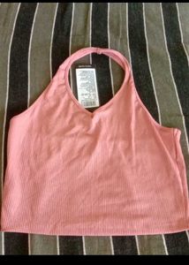 Women's Pink Ribbed Halter Neck Crop Top