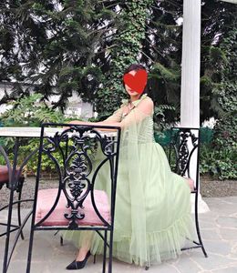 Designer  sage Green Tulle Off-Shoulder Dress