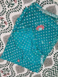 Teal Beautiful Floral Embroidery Saree