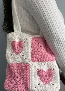Pink Crochet Heart Granny Square Bag