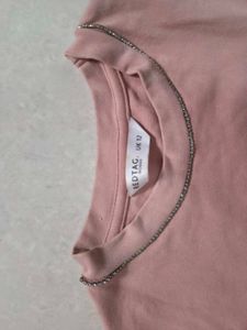 Pink Embellished Neck T-Shirt