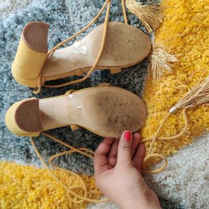 Mustard Yellow Lace-Up Block Heels
