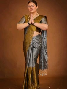 Elegant Grey &amp; Gold Saree tissue sare
