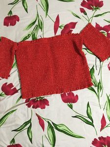 Vintage Glam Red Off-Shoulder Crop Top with White