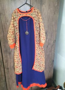 Stylish Blue Kurti with Printed Jacket