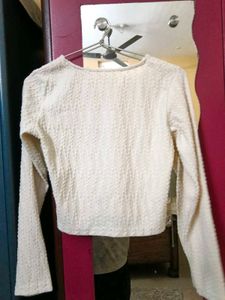 Cream Textured Cropped Top with Bows