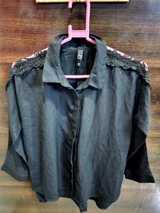 Black Cutout Work Lace Sleeve Shirt
