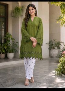 Olive Green Kurti with White Pants