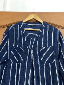 Navy Blue Striped Button-Up Shirt