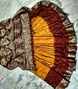 mustard yellow meroon Pure Silk Saree