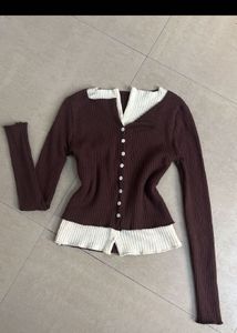 Pink Ribbed Cardigan with Lace Trim